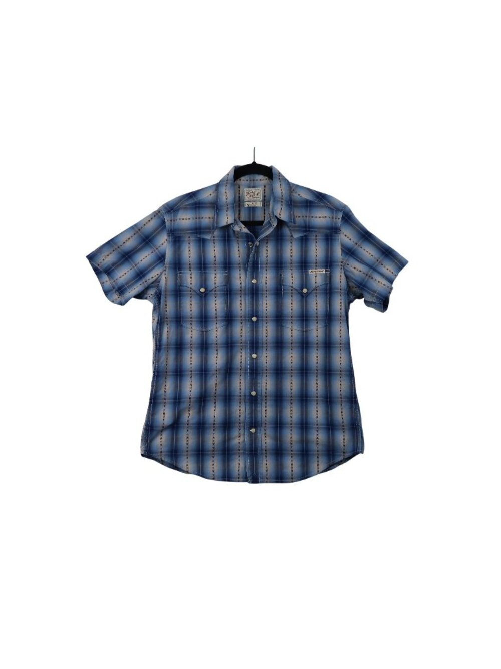 Lucky Brand M Western Short Sleeve Blue Plaid Pearl Snap Shirt